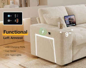 Canapé modulaire sectionnel avec lit escamotable, 7 places, en chenille, en forme de L, avec ottoman de rangement, porte-gobelets USB, table d'appoint - Product Image 5