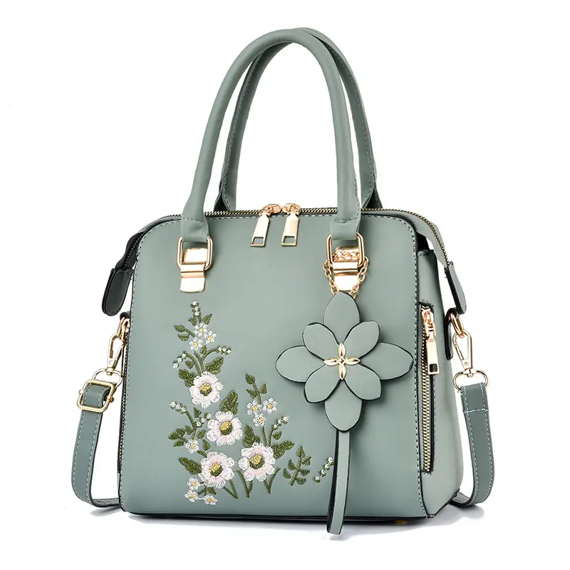 2022 Cute Big Fashion Shoulder Ladies Green Floral Embroidery Designs Leather Womens Leather Handbags Women's Tote Bags