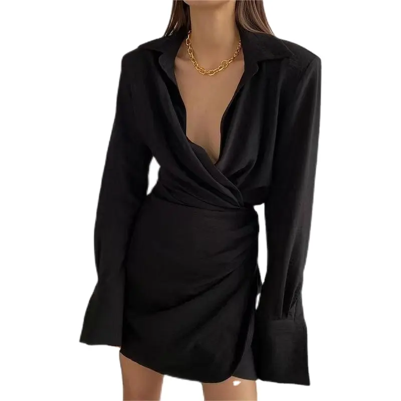 2023 Stylish kinked shirt-style drape V-neck black classic formal texture elegant summer spring autumn cute lady's dress