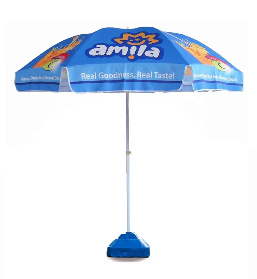 Atacado Ao Ar Livre Promocionais 8Ft Sol Guarda-chuva Com Base Dobrável Portátil 8 10 Ft Pés Logotipo Personalizado Impressão de Praia Guarda-chuva