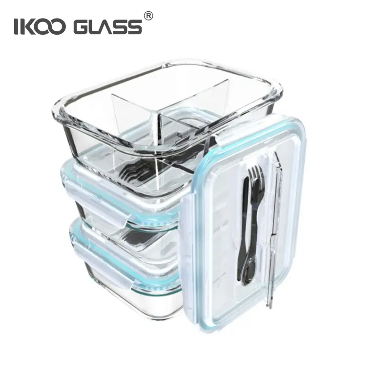 Bento Box Leak Proof Glass Meal Prep Containers 3 Compartment Bento Box Lunch Box Set Locking Lids With Utensil