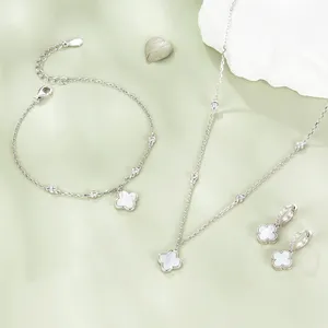 Daidan Shell Set Jewelry Set Jewelry Women Fine Rhodium Plated Clover Leaf Silver 925 4 Leaf Clover Jewelry Set