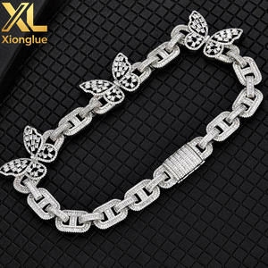 <b>Iced</b> <b>Out</b> Unisex Hip Hop Baguette <b>Chain</b> Jewelry 15mm Miami Cuban Link Pig-Nose Butterfly Shape Necklace Light Zircon Charm - Product Image 3