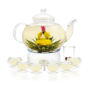 Juego de té de vidrio transparente con calentador Tetera con taza Juego de tetera de vidrio