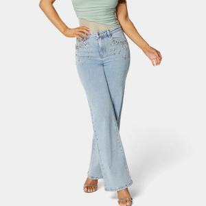 Jeans Anchos Clásicos Azul Claro con Pedrería, Fabricante de Jeans de Mezclilla Casuales de Moda para Mujer, Venta al Por Mayor Personalizada - Product Image 1