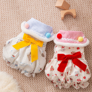 Lindo Vestido para Mascotas con Estampado Animal, Forrado de Felpa, Grueso, para Otoño e Invierno, Falda de Princesa con Lazo, Rojo y Azul - Product Image 1