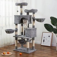 Arbre à chat moderne de qualité supérieure, écologique, en bois, avec 2 niches, 10 poteaux à gratter, jouets suspendus en fausse fourrure et sisal pour chats