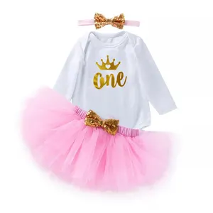 可爱的新生女孩粉色短裙一岁女婴生日套装DGHB-013