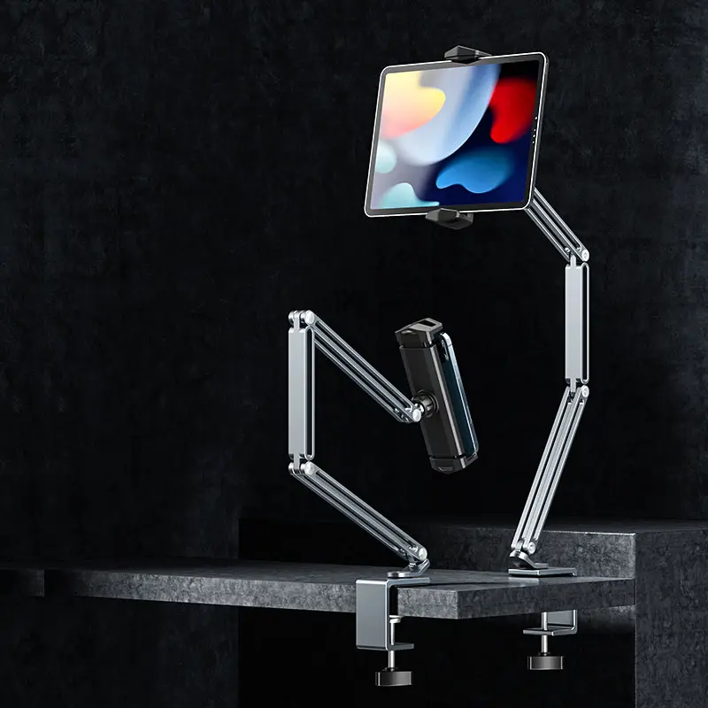 Dudukan Sandaran Ponsel Tablet, Dudukan Aluminium Lengan Panjang Desktop untuk Meja Overhead Fleksibel Penjepit Klip Malas Tablet