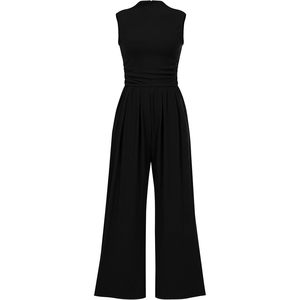Womens Sleeveless Mock Neck <b>Wide</b> <b>Leg</b> <b>Jumpsuit</b> High Waist Knitted One Piece Dressy Casual Outfit <b>With</b> <b>Pockets</b> - Product Image 1