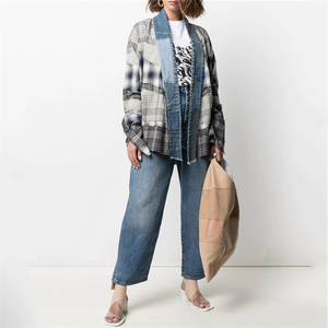 <span class=keywords><strong>Chemise</strong></span> kimono décontractée pour hommes personnalisée OEM <span class=keywords><strong>Chemise</strong></span> manches longues revers châle Patchwork à carreaux en flanelle de coton respirante pour le printemps - Product Image 4