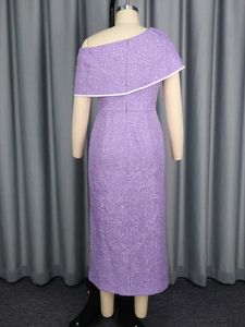 AM050853 Elegante Abito Dritto in Jacquard con Fiori Viola e Maniche a Cappuccio per Cerimonie Serali - Product Image 6