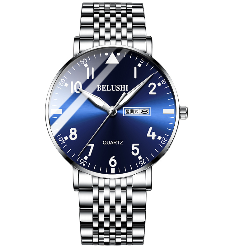 B-554 Boîtier Argenté Cadran Bleu Bracelet Acier