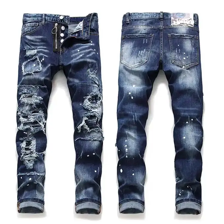 Новый дизайн синие джинсы модные брюки на заказ с вышитым карманом оригинальные мужские моющиеся и рваные джинсы