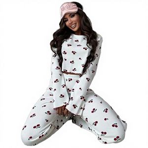 Conjunto de Dos Piezas de Ropa de Casa Elegante y Suave para Mujer, Estampado de Corazones de Cereza, Manga Larga con Vuelo, Pantalones Largos, para Primavera y Otoño - Product Image 4