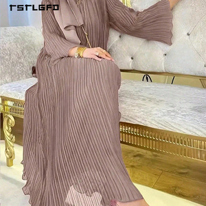 Women Dusty Mauve Pleated Stretch Abaya Multi Layer <b>Bell</b> Sleeve Round Neck Modest Muslim Elegant Casual Evening Maxi Dress - Product Image 3