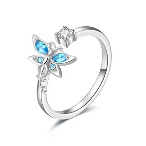 Dragonfly Ring Sterling Silver Adjustable Ring Blue Open Size Rings for Women Girls