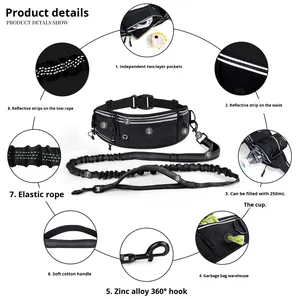 Correa de Cintura Multifuncional para Mascotas, Ajustable, de Nailon a Rayas, con Bolsa, Retráctil, con Costuras Reflectantes - Product Image 2