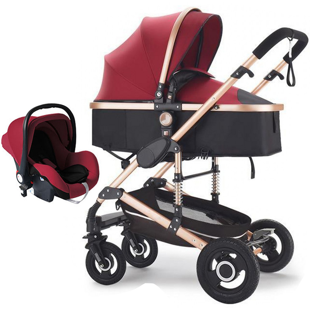 Passeggino rosso con seggiolino auto