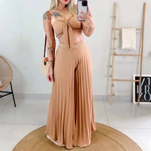 Ensemble 2 pièces pour femmes, haut sans bretelles et pantalon large plissé, tendance - Product Image 1