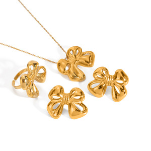 Stainless Steel Bowknot Jewelry <b>Set</b> For Women Gift Fashion Necklace Earrings <b>Ring</b> <b>Gold</b> Color - Product Image 5