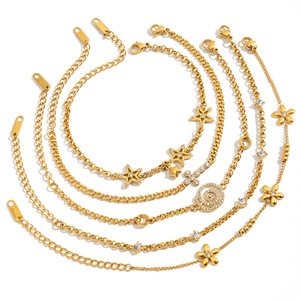 Pulseras de Moda con Dijes, Cadena Dorada, Diseño de Estrella y Flor, Incrustaciones de Circonio, Joyería Unisex para Regalo, Origen Yiwu - Product Image 5
