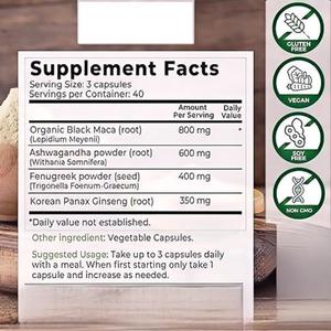 Suplementos Herbales de Ashwagandha y <span class=keywords><strong>Maca</strong></span> Negra <span class=keywords><strong>en</strong></span> Cápsulas para Adultos, que Proporcionan Energía y <span class=keywords><strong>Beneficios</strong></span> Antioxidantes, 120 Unidades - Product Image 2