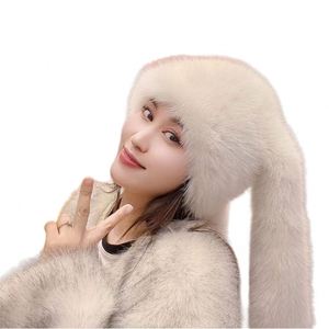 หมวกขนเฟอร์เทียมสีชมพูแบบใหม่ขายส่ง สำหรับฤดูหนาว ใส่ได้ทั้งชายและหญิง ทรงโอเวอร์ไซส์ หูยาว ลายกระต่ายตลก อุ่นสบาย - Product Image 2