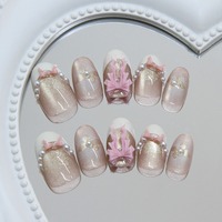 Ongles à presser T437 faits main, motif œil de chat et pois, avec nœud, style INS, réutilisables, en ABS de qualité supérieure, en gros, en stock