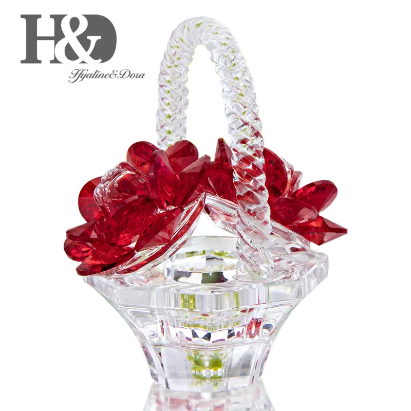 H&D Crystal Red Rose Flower Basket Figurine Art Glass Collectible Craft Gift Dreams Ornament for Home Decor Table Centerpiece