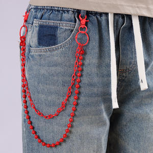 Cadena de pantalón de doble capa roja con cuentas, cadena de cintura estilo punk de aleación de zinc para jeans - Product Image 1