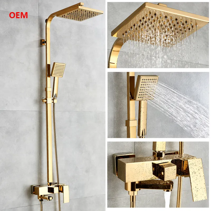 バスシャワー蛇口高級ゴールド真鍮バスルーム蛇口ミキサータップ壁掛け式レインシャワーヘッドシャワー蛇口セットバスタブタップ