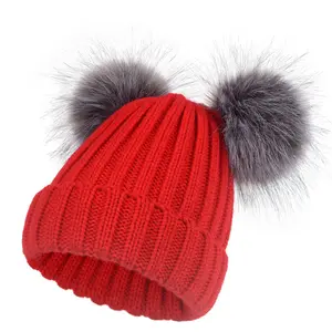 Mùa thu và mùa đông cha mẹ-con đôi Hairball Mũ len mũ giả bạc cáo Hairball bóng mũ giả cáo Hairball dệt kim Beanies