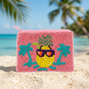 Porte-monnaie personnalisé fait main avec perles, brodé, pochette zippée, motif ananas et palmier, cadeau de voyage tendance, portefeuille - Product Image 3