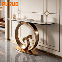 Meuble d'entrée d'hôtel, décoration de luxe, table de couloir avec plateau en marbre, cadre en acier inoxydable blanc et doré, console moderne