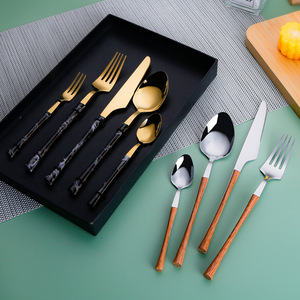 Ensemble de couteau, fourchette et cuillère en acier inoxydable Pei Jiale, 6 pièces, manche en marbre, durable, pour la maison, steak, repas occidentaux, emballage cadeau - Product Image 1