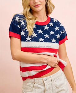 <span class=keywords><strong>Pull</strong></span> tricoté à rayures et étoiles drapeau américain pour femme, grande taille, manches courtes, col rond, <span class=keywords><strong>pull</strong></span> patriotique, haut décontracté d'été - Product Image 6