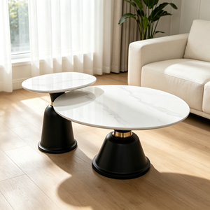 Ensemble de tables basses gigognes rondes modernes avec plateau en marbre, design minimaliste pour salon, base blanche - Product Image 1