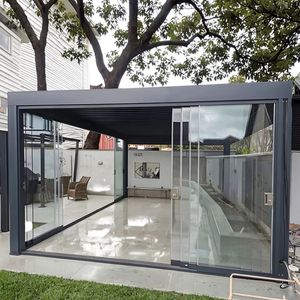 Pergola Motorizzata in Alluminio Bioclimatica con Luci LED, Tetto a Lamelle, Porte Scorrevoli in <span class=keywords><strong>Vetro</strong></span>, Gazebo da Patio - Product Image 3