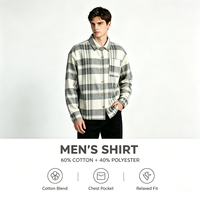 Chemise à carreaux en mélange coton-polyester pour homme, boutonnée, décontractée, gris crème, épaules tombantes, OEM ODM, personnalisable, style bureau