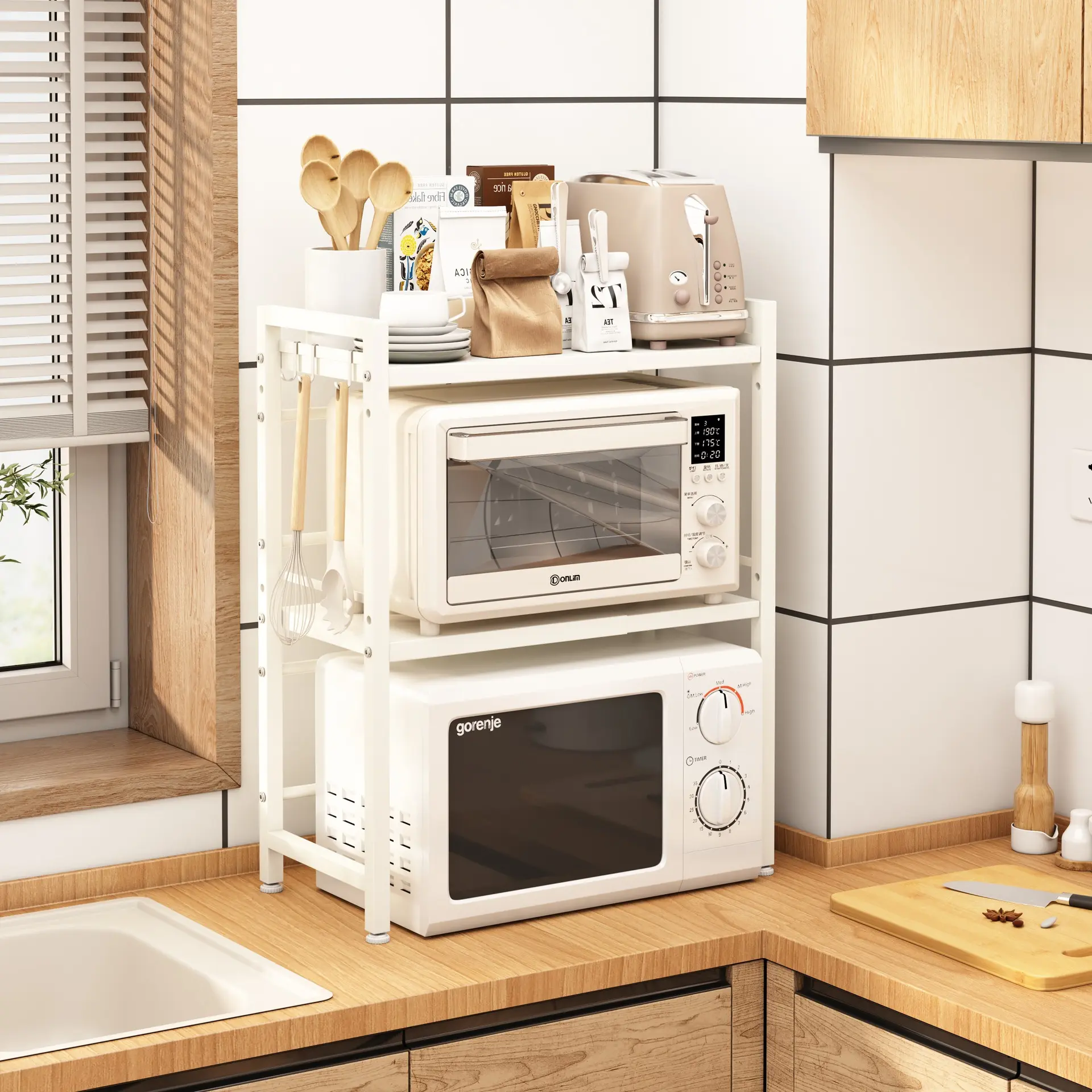 キッチン収納オーガナイザー電子レンジコーヒーメーカーオーガナイザー簡単に取り付け可能なキッチン棚ラック
