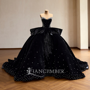 261103 Stylish Velvet Black Crystal <b>Lace</b> Embroidery Pearls Beading Natural Waistline Ruffle Sweetheart Neck Ball Gown - Product Image 2