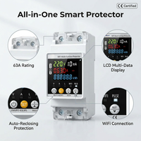 Protecteur intelligent Tuya WiFi contre les fuites à la terre et les surtensions 63A monophasé avec mesure d'énergie, écran LCD couleur, interrupteur sur rail DIN, certifié CE