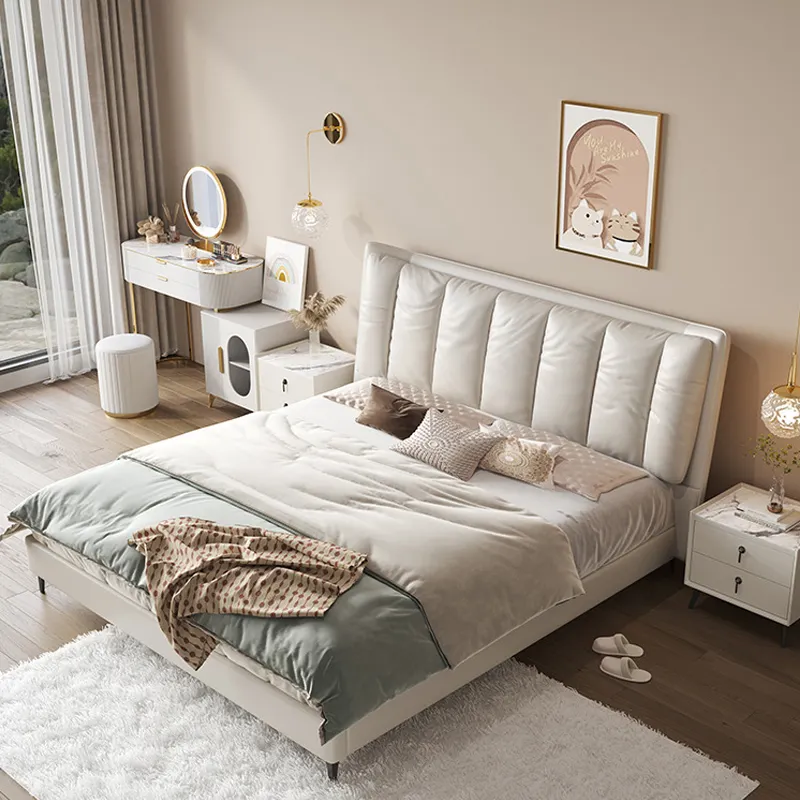 Set di letto dell'hotel di alta qualità camera da letto moderna letti in ecopelle imbottiti in legno morbido telaio letto king size