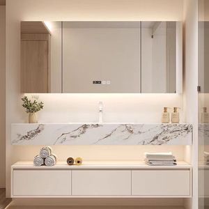 Cream Colored Solid Wood Bathroom Vanity With Corian Integrated Basin And Mirror Cabinet Modern Design - Product Image 3