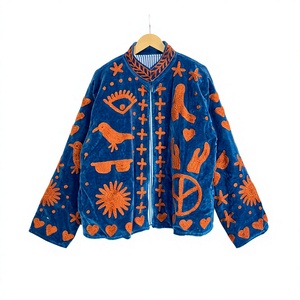 Blue <b>Velvet</b> Solid Woven Embroidered Women's Blouson Bomber <b>Quilted</b> Reversible Zip-Up Full Sleeve Autumn Winter Outerwear - Product Image 1