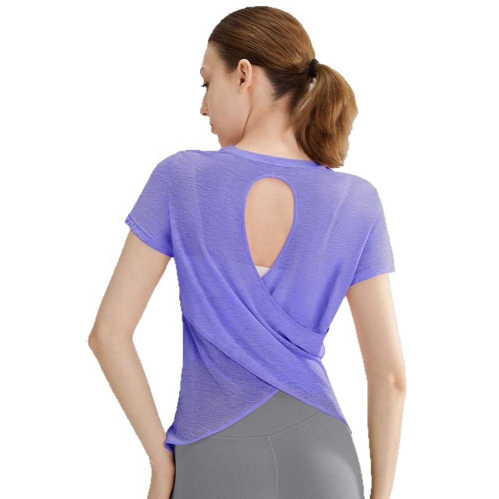 Casual Lightweight Short Sleeve Gym Shirts Cross Back Hollow Loose Fit Yoga Athletic T-Shirts Running Top for Women