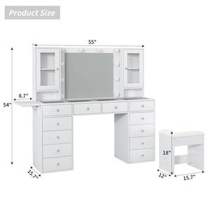 Moderno <span class=keywords><strong>Tocador</strong></span> de Maquillaje con LED Blanco, Espejo con 10 Bombillas Regulables, 12 Cajones de Almacenamiento, Mesa de Maquillaje de <span class=keywords><strong>MDF</strong></span> para Dormitorio - Product Image 2