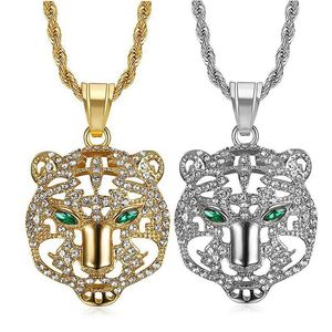 Collar con colgante de cabeza de tigre yunnique, acero inoxidable, chapado en oro y plata con ojos verdes, joyería unisex para fiestas - Product Image 1