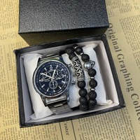 Ensemble de montre et bracelet pour homme en alliage et titane, bleu clair, trois aiguilles, style décontracté, classique, minimaliste, 3 pièces